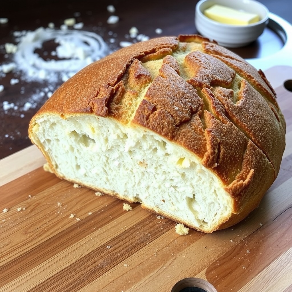 A rustic loaf of crusty sourdough bread with a golden crust and soft interior, sliced on a wooden board.